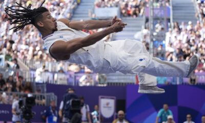 France's Gaetan Alin, known as B-Boy Lagaet competes during the B-Boys round robin battle for the breaking competition at La Concorde Urban Park at the 2024 Summer Olympics, Saturday, Aug. 10, 2024, in Paris, France. (AP Photo/Frank Franklin II)