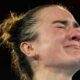 Gold medalist Ireland's Kellie Harrington reacts during the medals ceremony for the women's 60 kg final boxing at the 2024 Summer Olympics, Wednesday, Aug. 7, 2024, in Paris, France. (AP Photo/John Locher)