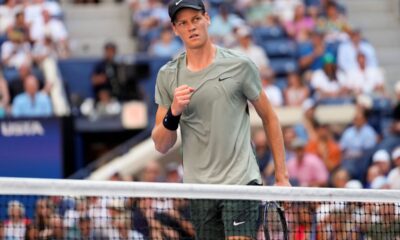 Jannik Sinner, of Italy, reacts after scoring a point against Mackenzie McDonald, of the United States, during the first round of the U.S. Open tennis championships, Tuesday, Aug. 27, 2024, in New York. (AP Photo/Kirsty Wigglesworth)