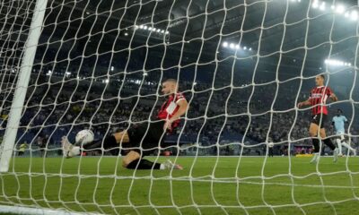 AC Milan's Strahinja Pavlovic saves a goal during a Serie A soccer match between Lazio and AC Milan, at Rome's Stadio Olimpico, Saturday, Aug. 31, 2024. (AP Photo/Andrew Medichini)