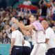 Serbia's Aleksa Avramovic cheers from the bench during a men's basketball game against South Sudan at the 2024 Summer Olympics, Saturday, Aug. 3, 2024, in Villeneuve-d'Ascq, France. (AP Photo/Michael Conroy)