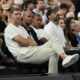 Dirk Nowitzki and Tony Parker watch the France vs' Germany game during a men's semifinals basketball game at Bercy Arena at the 2024 Summer Olympics, Thursday, Aug. 8, 2024, in Paris, France. (AP Photo/Mark J. Terrill)