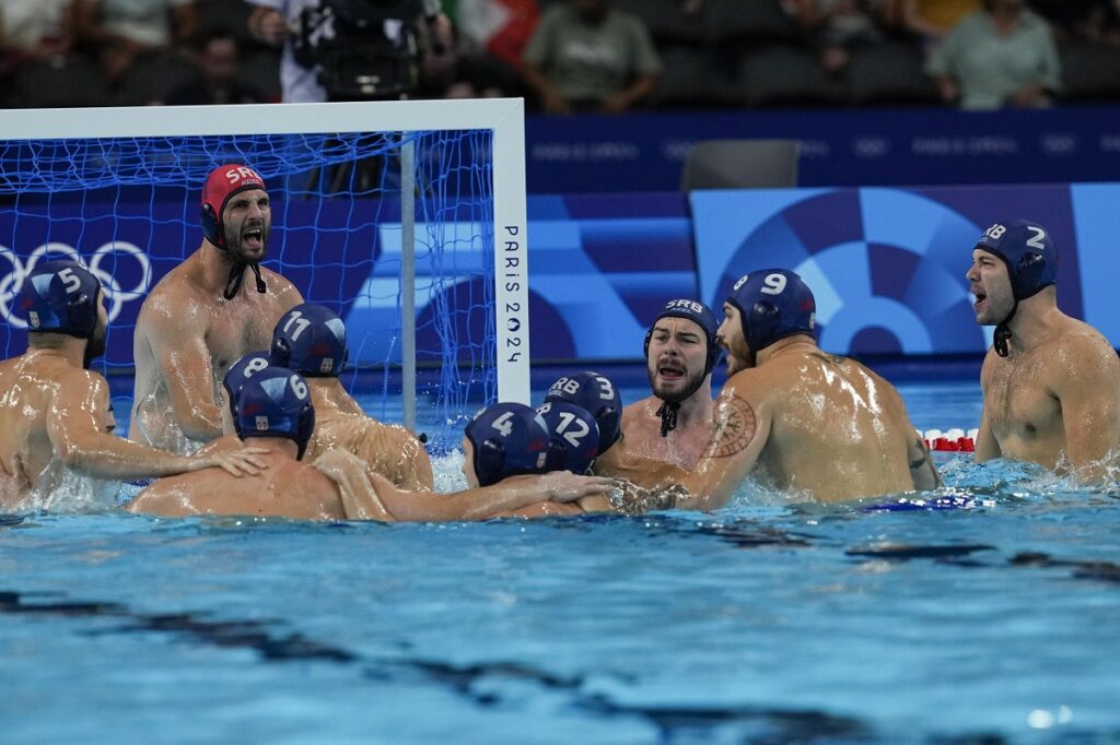 Serbia players get ready during a men's Group B preliminary match between Hungary and Serbia, at the 2024 Summer Olympics, Monday, Aug. 5, 2024, in Paris, France. (AP Photo/Luca Bruno)