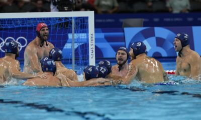 Serbia players get ready during a men's Group B preliminary match between Hungary and Serbia, at the 2024 Summer Olympics, Monday, Aug. 5, 2024, in Paris, France. (AP Photo/Luca Bruno)