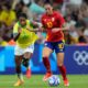 Spain's Jennifer Hermoso, right, and Brazil's Ludmila battle for the ball during a women's semifinal soccer match between Brazil and Spain at the 2024 Summer Olympics, Tuesday, Aug. 6, 2024, at Marseille Stadium in Marseille, France. (AP Photo/Julio Cortez)