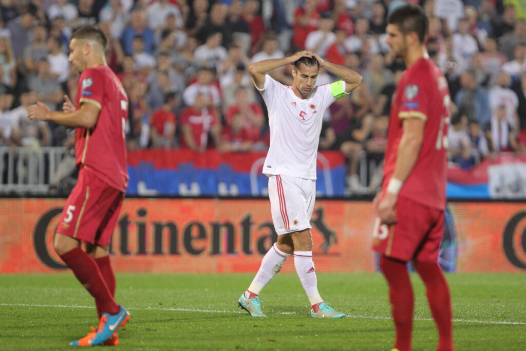 LORIK CANA fudbaler reprezentacije Albanije na utakmici kvalifikacija za UEFA Evropsko prvenstvo protiv Srbije na stadionu Partizana, Beograd 15.10.2014. godine Foto: Marko Metlas Fudbal, Reprezentacija, Srbija, Albanija, Kvalifikacije za Evropsko prvenstvo