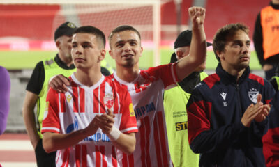 VIKTOR RADOJEVIC i NIKOLA KNEZEVIC fudbaleri Crvene zvezde na utakmici Superlige Prvenstva Srbije protiv IMT na stadionu Rajka Mitica, Beograd, 03.04.2024. godine Foto: Marko Metlas Fudbal, Crvena zvezda, Superliga Prvenstvo Srbije, IMT