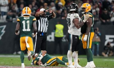 Green Bay Packers quarterback Jordan Love (10) gets hurt during the second half of an NFL football game against the Philadelphia Eagles, Saturday, Sept. 7, 2024, at the Neo Quimica Arena in Sao Paulo. (AP Photo/Doug Benc)