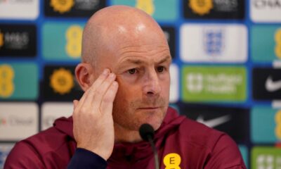 England interim manager Lee Carsley attends a press conference at Carlton House, Maynooth, Ireland, Friday Sept. 6, 2024. (Brian Lawless/PA via AP)