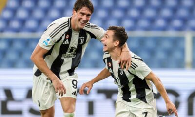 Juventus' Francisco Conceicao, right, celebrates after scoring his side's third goal during the Serie A soccer match between Genoa and Juventus at the Luigi Ferraris Stadium in Genoa, Italy, Sunday, Sept. 28, 2024. (Tano Pecoraro/LaPresse via AP)