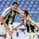 Juventus' Francisco Conceicao, right, celebrates after scoring his side's third goal during the Serie A soccer match between Genoa and Juventus at the Luigi Ferraris Stadium in Genoa, Italy, Sunday, Sept. 28, 2024. (Tano Pecoraro/LaPresse via AP)