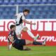 Juventus' Dusan Vlahovic scores during the Serie A soccer match between Genoa and Juventus at the Luigi Ferraris Stadium in Genoa, Italy, Sunday, Sept. 28, 2024. (Tano Pecoraro/LaPresse via AP)