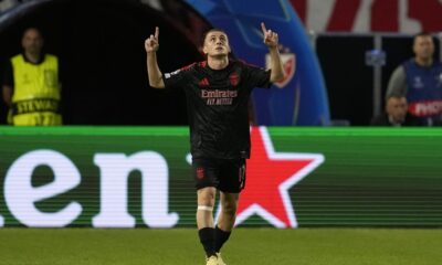 Benfica's Kerem Akturkoglu celebrates after scoring the opening goal of his team during the Champions League opening phase soccer match between Red Star and SL Benfica, at the Rajko Mitic Stadium in Belgrade, Serbia, Thursday, Sept. 19, 2024. (AP Photo/Darko Vojinovic)