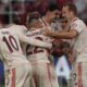 Bayern's Harry Kane, right is congratulated by teammates after scoring his side 6th goal and complete his hat-trick from the penalty spot during the Champions League opening phase soccer match between Bayern Munich and GNK Dinamo at the Allianz Arena in Munich, Germany Tuesday, Sept. 17, 2024. (AP Photo/Matthias Schrader)