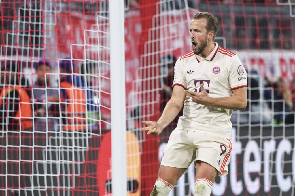 Munich's Harry Kane celebrates after scoring his side's sixth goal during a Champions League opening phase soccer match between FC Bayern Munich and Dinamo Zagreb in Munich, Tuesday, Sept. 17, 2024. (Peter Kneffel/dpa via AP)