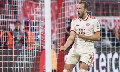 Munich's Harry Kane celebrates after scoring his side's sixth goal during a Champions League opening phase soccer match between FC Bayern Munich and Dinamo Zagreb in Munich, Tuesday, Sept. 17, 2024. (Peter Kneffel/dpa via AP)