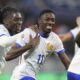 France's Ousmane Dembele, right, celebrates with teammates after scoring his side's second goal during the UEFA Nations League soccer match between France and Belgium at the Groupama stadium in Decines, outside Lyon, France, Monday, Sept. 9, 2024. (AP Photo/Laurent Cipriani)