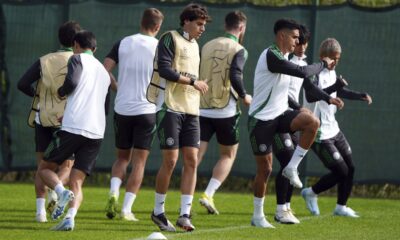 Celtic's Paulo Bernardo, centre, attends a training session at Lennoxtown Training Centre, Glasgow, Scotland, Tuesday, Sept. 17, 2024. Celtic will face Slovan Bratislava at the Champions League opening phase soccer match on Wednesday. (Andrew Milligan/PA via AP)