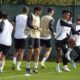 Celtic's Paulo Bernardo, centre, attends a training session at Lennoxtown Training Centre, Glasgow, Scotland, Tuesday, Sept. 17, 2024. Celtic will face Slovan Bratislava at the Champions League opening phase soccer match on Wednesday. (Andrew Milligan/PA via AP)