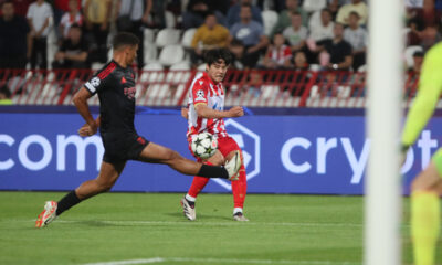 fudbaler Crvene Zvezde na utakmici UEFA Lige Sampiona protiv Benfike na stadionu Rajko Mitic, Beograd 19.09.2024. godine Foto: Ivica Veselinov / MN PRESS FUDBAL, FOOTBALL, UEFA CHAMPIONS LEAGUE, LIGA SAMPIONA, CRVENA ZVEZDA, RED STAR, BENFIKA, BENFICA