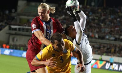 Kazakhstan's goalkeeper Igor Shatskiy, right, and Nuraly Alip, center, fight for the ball with Norway's Erling Haaland during the UEFA Nations League soccer match between Kazakhstan and Norway at Ortalyk Stadium in Almaty, Kazakhstan, Friday, Sept. 6, 2024. (AP Photo/Alikhan Sariyev)