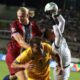 Kazakhstan's goalkeeper Igor Shatskiy, right, and Nuraly Alip, center, fight for the ball with Norway's Erling Haaland during the UEFA Nations League soccer match between Kazakhstan and Norway at Ortalyk Stadium in Almaty, Kazakhstan, Friday, Sept. 6, 2024. (AP Photo/Alikhan Sariyev)