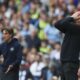 Manchester City's head coach Pep Guardiola, right, and Brentford's head coach Thomas Frank react during the English Premier League soccer match between Manchester City and Brentford at the Etihad Stadium in Manchester, England, Saturday, Sept. 14, 2024. (AP Photo/Scott Heppel)