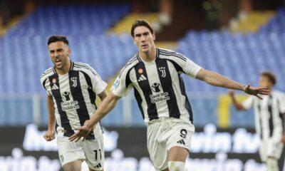 Juventus' Dusan Vlahovic celebrates after scoring during the Serie A soccer match between Genoa and Juventus at the Luigi Ferraris Stadium in Genoa, Italy, Sunday, Sept. 28, 2024. (Tano Pecoraro/LaPresse via AP)