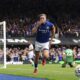 Ipswich Town's Liam Delap celebrates scoring his side's second goal during the British Premier League soccer match between Ipswich Town and Aston Villa at Portman Road, Ipswich, England, Sunday Sept. 29, 2024. (Zac Goodwin/PA via AP)