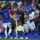 Everton's Abdoulaye Doucoure, right, celebrates scoring during the English League Cup third round soccer match between Everton and Southampton at Goodison Park, Liverpool, England, Tuesday Sept. 17, 2024. (Peter Byrne/PA via AP)