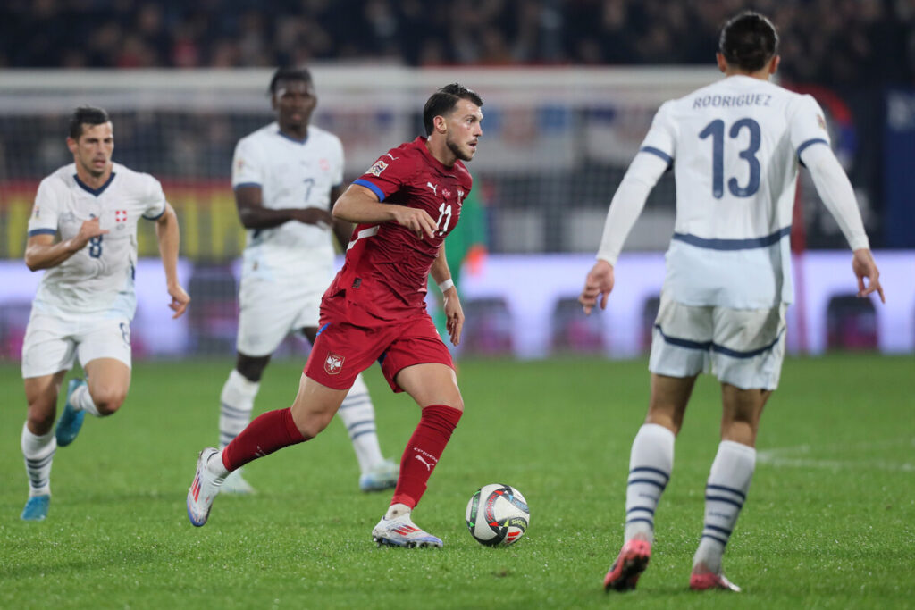 fudbaler reprezentacije Srbije na utakmici UEFA Lige nacija protiv Svajcarske na stadionu Dubocica, Leskovac 12.10.2024. godine Foto: Marko Metlas Fudbal, Reprezentacija, Srbija, Svajcarska, UEFA Liga nacija