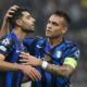 Inter Milan's Lautaro Martinez, right, celebrates with Inter Milan's Mehdi Taremi after scoring his side's third goal during the Champions League opening phase soccer match between Inter Milan and Red Star, at the San Siro stadium in Milan, Italy, Tuesday, Oct. 1, 2024. (AP Photo/Luca Bruno)