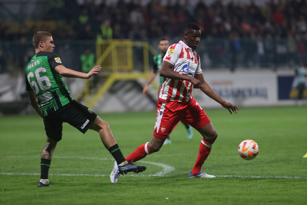 CALIFA COULIBALY Kalifa Kulibali, fudbaler Crvene zvezde, na utakmici Superlige Prvenstva Srbije protiv Kolubare, i VASILIJE BAKIC, na stadionu Kolubare. Lazarevac, 30.10.2022. foto: MN Press / mr Fudbal, Kolubara, Superliga Prvenstvo Srbije, Partizan