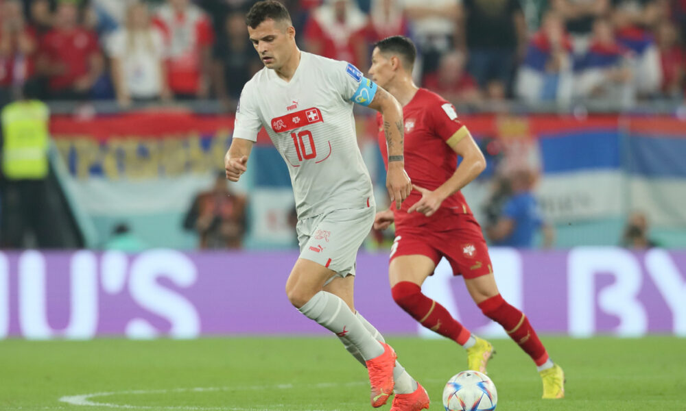 GRANIT XHAKA Granit Dzaka fudbaler reprezentacije Svajcarske na utakmici FIFA Svetskog prvenstva 2022 protiv Srbije na stadionu 974, Doha, 02.12.2022. godine Foto: Marko Metlas Fudbal, Srbija, Svajcarska, FIFA Svetsko prvenstvo 2022, Katar