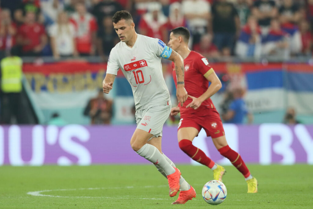 GRANIT XHAKA Granit Dzaka fudbaler reprezentacije Svajcarske na utakmici FIFA Svetskog prvenstva 2022 protiv Srbije na stadionu 974, Doha, 02.12.2022. godine Foto: Marko Metlas Fudbal, Srbija, Svajcarska, FIFA Svetsko prvenstvo 2022, Katar