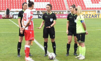 IVANA JOVANOVIC, MILICA MILOVANOVIC, ALEKSANDRA KOSTIC, sudije na utakmici finala kupa drzave za zene, Crvena zvezda - Spartak, na stadinu Mladosti. Krusevac, 23.05.2024. foto: Nebojsa Parausic Fudbal, Zene, Kup Srbije, Crvena zvezda, Spartak