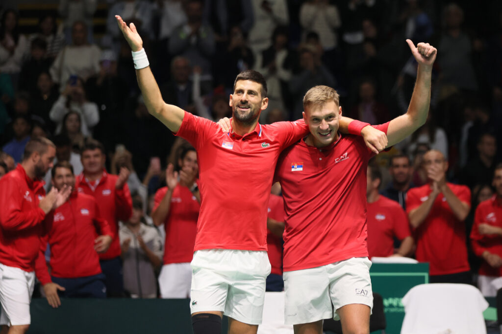 HAMAD MEDJEDOVIC i NOVAK DJOKOVIC teniseri Dejvis kup reprezentacije Srbije dubl mec protiv Grcke hala Aleksandar Nikolic Pionir, Beograd 15.09.2024. godine Foto: Marko Mertlas Tenis, Dejvis Kup, Srbija, Grcka