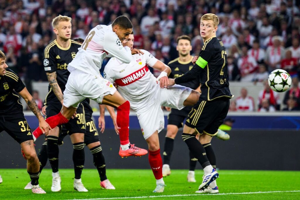 Stuttgart's scorer Enzo Millot, front left, scores the opening goal during the Champions League opening phase soccer match between VfB Stuttgart and AC Sparta Praha in Stuttgart, Germany, Tuesday, Oct. 1, 2024. (Tom Weller/dpa/dpa via AP)