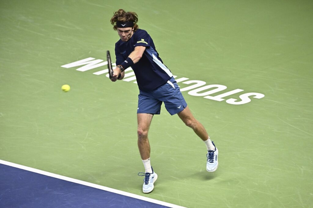 Andrei Rublev plays Switzerland's Stan Wawrinka during a Nordic Open ATP tennis match, at the Royal Tennis Hall, in Stockholm, Sweden, Friday Oct. 18, 2024. (Anders Wiklund/TT News Agency via AP)