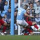 Manchester City's Mateo Kovacic, center, scores his side's second goal during the English Premier League soccer match between Manchester City and Fulham at Etihad Stadium in Manchester, England, Saturday, Oct. 5, 2023. (AP Photo/Darren Staples)