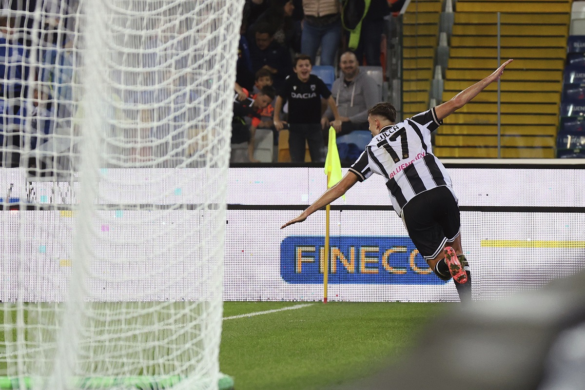 Udinese's Lorenzo Lucca celebrates after scoring their side's first goal of the game during the Serie A soccer match between Udinese and Cagliari at the Bluenergy Stadium in Udine, Italy, Friday, Oct. 25, 2024. (Andrea Bressanutti/LaPresse via AP)