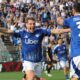 Como's Andrea Belotti celebrates scoring during a Serie A soccer match between Como and Verona at the Giuseppe Sinigaglia stadium in Como, northern Italy, Sunday, Sept. 29, 2024.(Antonio Saia/LaPresse via AP)