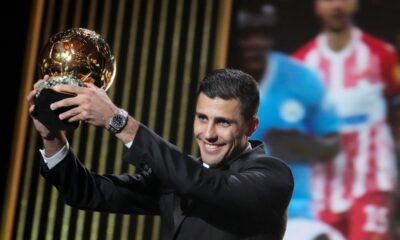 Manchester City's Spanish player Rodri receives the 2024 Men's Ballon d'Or award during the 68th Ballon d'Or (Golden Ball) award ceremony at Theatre du Chatelet in Paris, Monday, Oct. 28, 2024. (AP Photo/Michel Euler)