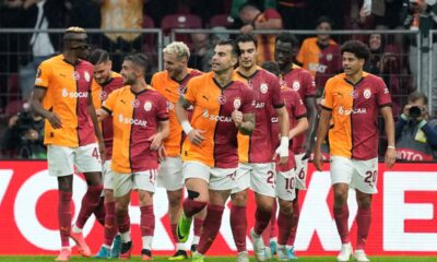 Galatasaray's players celebrate their side's second goal during the Europa League opening phase soccer match between Galatasaray and Elfsborg at Ali Sami Yen stadium, in Istanbul, Turkey, Wednesday, Oct. 23, 2024. Galatasaray won 4-3. (AP Photo/Khalil Hamra)