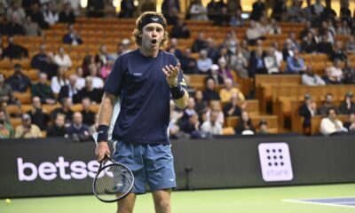 Russia's Andrei Rublev reacts during the quarter-final Nordic Open ATP tennis match against Switzerland's Stan Wawrinka, at the Royal Tennis Hall in Stockholm, Sweden, Friday Oct. 18, 2024. (Anders Wiklund/TT News Agency via AP)