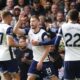 Tottenham Hotspur's Dejan Kulusevski, center, celebrates scoring with teammates during the English Premier League soccer match between Tottenham Hotspur and West Ham United at the Tottenham Hotspur Stadium, London, Saturday Oct. 19, 2024. (Zac Goodwin/PA via AP)