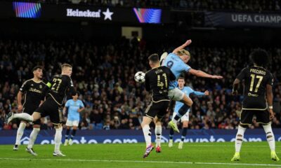 Manchester City's Erling Haaland scores his side's second goal during the Champions League opening phase soccer match between Manchester City and Sparta Praha at the Etihad Stadium in Manchester, England, Wednesday, Oct.23 , 2024. (Martin Rickett/PA via AP)