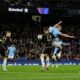 Manchester City's Erling Haaland scores his side's second goal during the Champions League opening phase soccer match between Manchester City and Sparta Praha at the Etihad Stadium in Manchester, England, Wednesday, Oct.23 , 2024. (Martin Rickett/PA via AP)