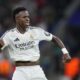 Real Madrid's Vinicius Junior celebrates after scoring his side's fourth goal during the Champions League opening phase soccer match between Real Madrid and Borussia Dortmund at the Santiago Bernabeu stadium in Madrid, Tuesday, Oct. 22, 2024. Real Madrid won 5-2. (AP Photo/Manu Fernandez)