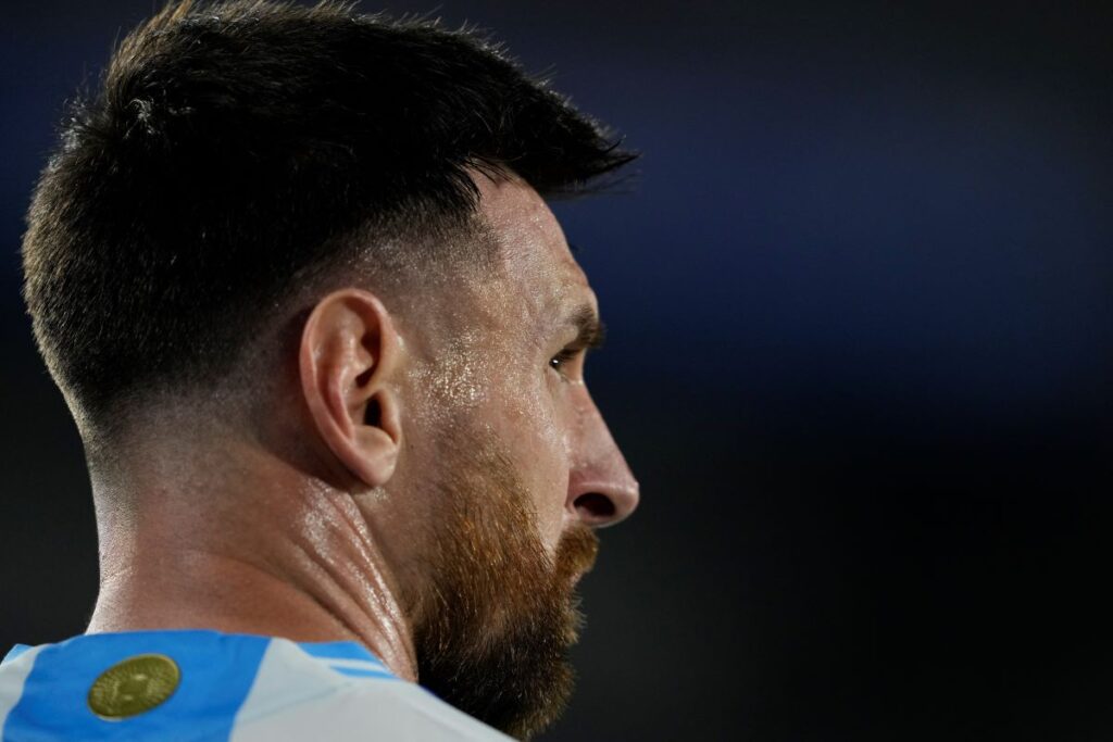 Argentina's Lionel Messi looks on during a World Cup 2026 qualifying soccer match against Bolivia at Monumental stadium in Buenos Aires, Argentina, Tuesday, Oct. 15, 2024. (AP Photo/Natacha Pisarenko)